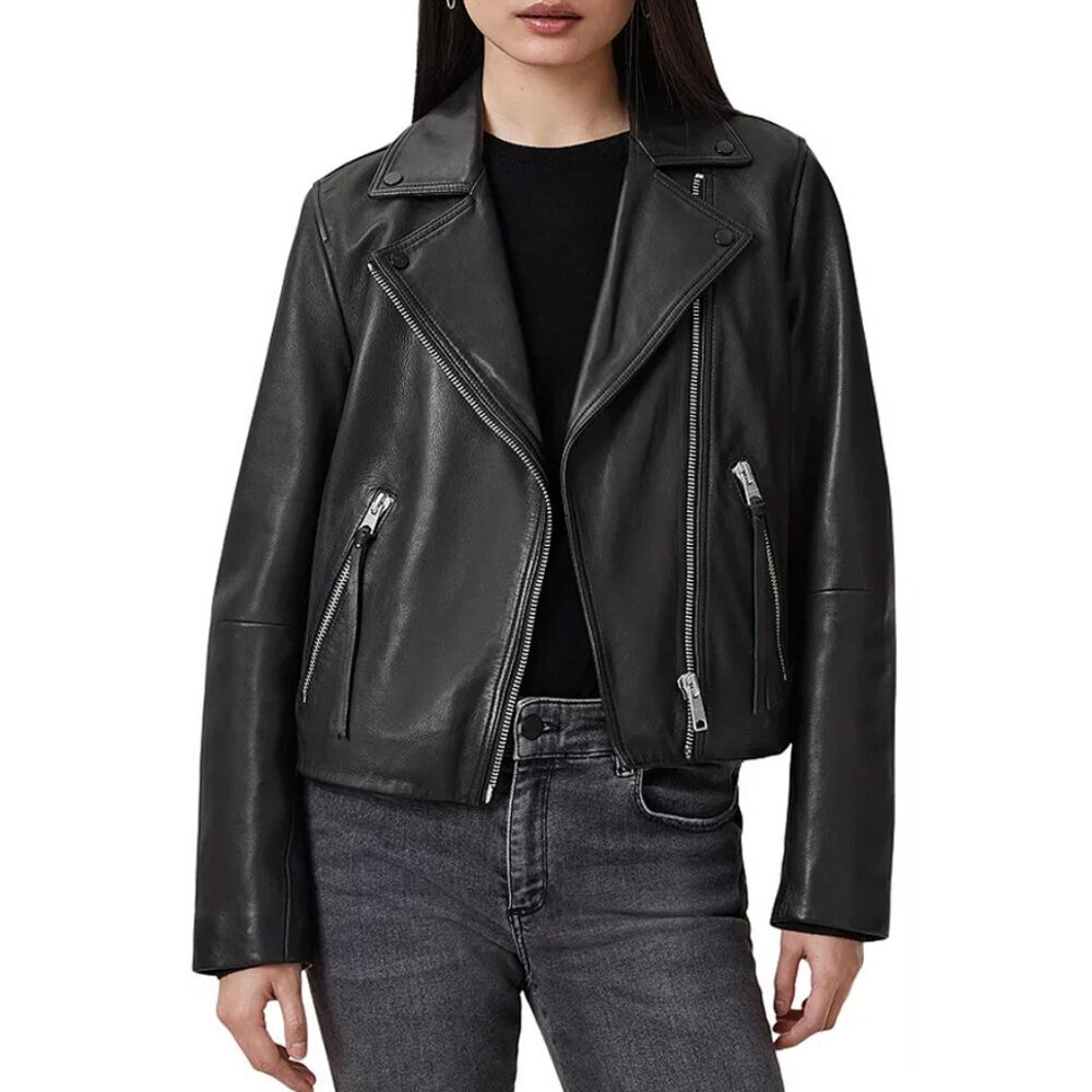 ALL SAINTS Dalby Black Leather Biker Jacket Size 4
